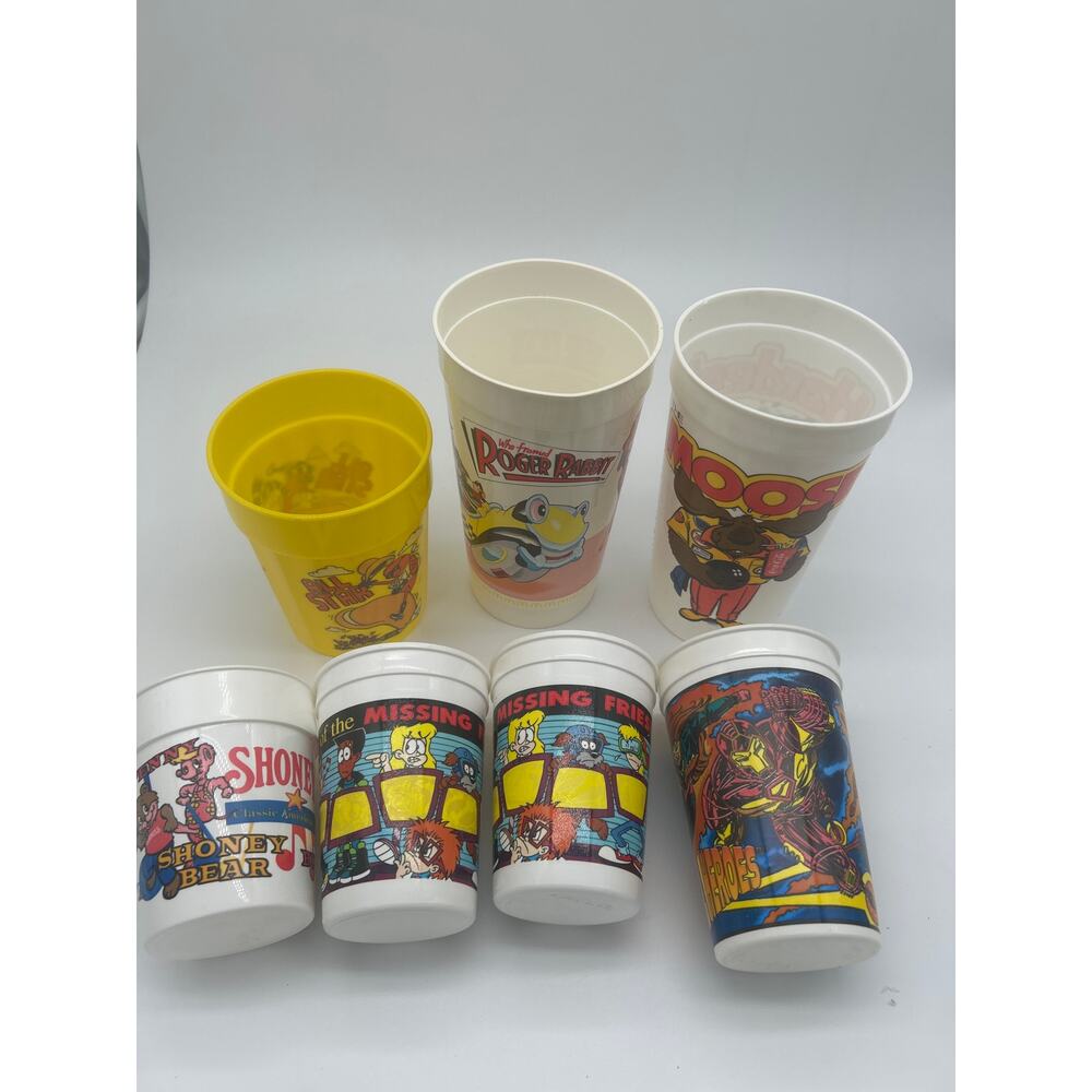 Vintage Fast Food Cups Lot of 7 Pizza Hut Roger Rabbit BK Shoney Hardee’s 80s 90